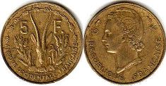 piece Française West Africa 5 francs 1956