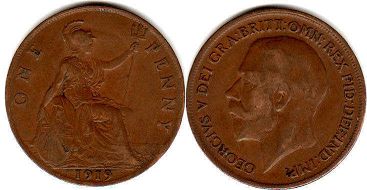 monnaie UK vieille 1 penny 1919