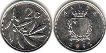 coin Malta 2 cents 1991