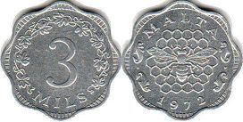 coin Malta 3 mills 1972