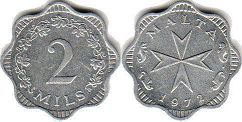 coin Malta 2 mills 1972