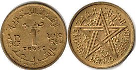 piece Morocco 1francs 1945