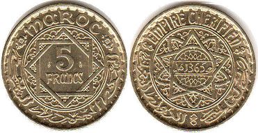 coin Morocco 5 francs 1946