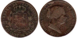 monnaie Espagne 25 centimos 1858