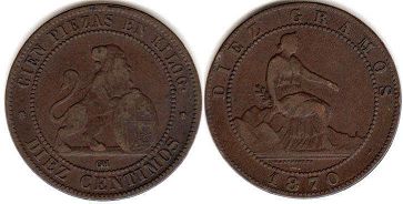 monnaie Espagne 10 centimos 1870