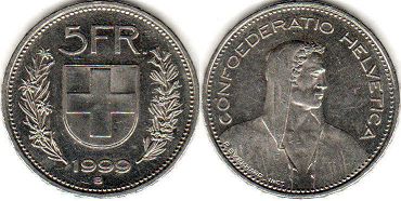 coin Switzerland 5 francs 1999