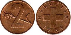 coin Switzerland 2 rappen 1969
