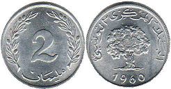 coin Tunisia 2 millim 1960