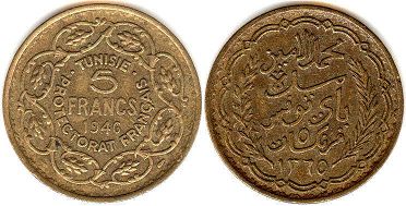 coin Tunisia 5 francs 1946