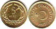 moneda Turkey 5 kurush 1950