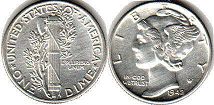 viejo Estados Unidos moneda 10 centavos 1942 Mercury plata dime