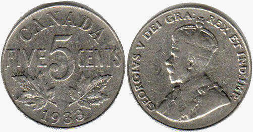 coin canadian old coin 5 cents 1933