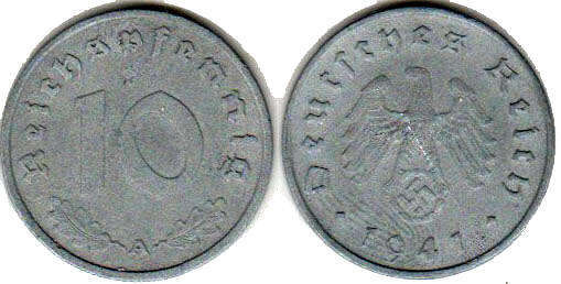 S10 1 2 pfennig with Swastik Original Set of German coins: 2 Reichsmark 