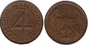 Münze German Weimar 4 pfennig 1932