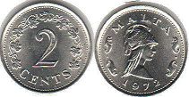 coin Malta 2 cents 1972