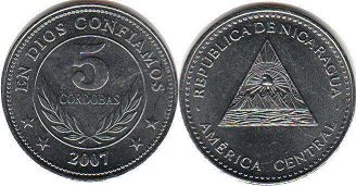 moneda Nicaragua 5 cordobas 2007