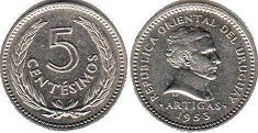 moneda Uruguay 5 centesimos 1953