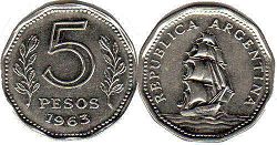 coin Argentina 5 pesos 1963