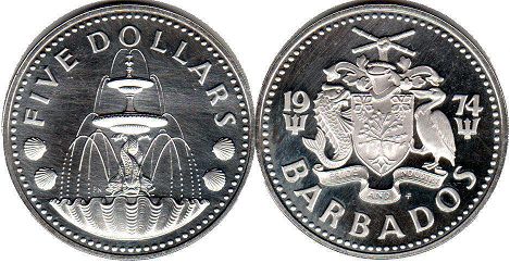 coin Barbados 5 dollars 1974