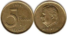 pièce Belgique 5 francs 1996