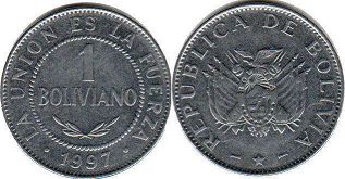 moneda Bolivia 1 boliviano 1997