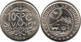 moneda Bolivia 10 centavos 1939