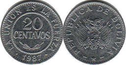 moneda Bolivia 20 centavos 1987