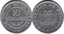 moneda Bolivia 10 centavos 1987