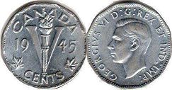  moneda canadiense conmemorativa 5 centavos 1945