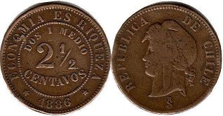 moneda Chille 2.5 centavos 1886