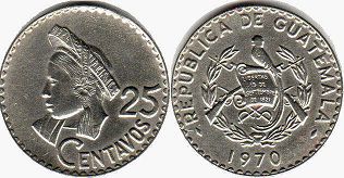 moneda Guatemala 25 centavos 1970