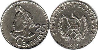 moneda Guatemala 25 centavos 1971