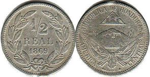 moneda Honduras 1/2 real 1869