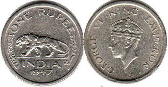 coin British India 1 rupee 1947