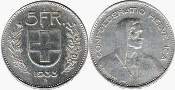 coin Switzerland 5 francs 1933