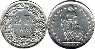 coin Switzerland 2 francs 1963
