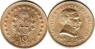 moneda Uruguay 10 pesos 1965