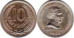 moneda Uruguay 10 centésimos 1953