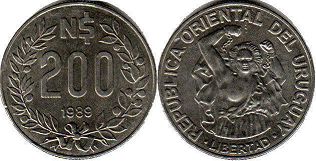 moneda Ururuay 200 new pesos 1989