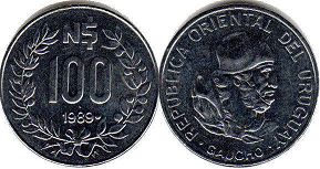 moneda Ururuay 100 new pesos 1989