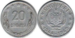 coin Albania 20 qindarka 1969