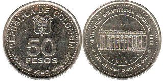 moneda Colombia 50 pesos 1988 Constitución