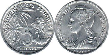 piece Comoros 5 francs 1964