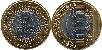 piece Comoros 250 francs 2013