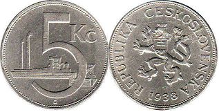 mince Czechoslovakia 5 korun 1938