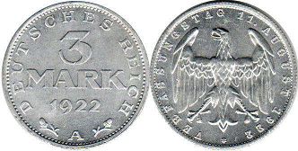 Münze German Weimar 3 mark 1922