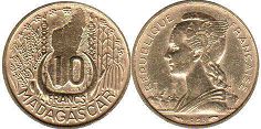 piece Madagascar 10 francs 1953