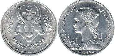 piece Madagascar 5 francs 1953