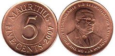 coin Mauritius 5 cents 2001