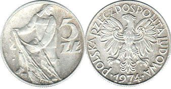 moneta Polska 5 zlotych 1974